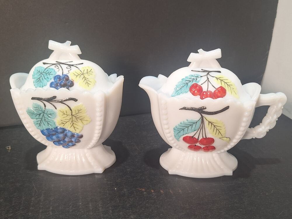 Vintage Westmoreland Milk Glass Jam Jelly Jar Set Grape Cherry Lids MCM- Mint!